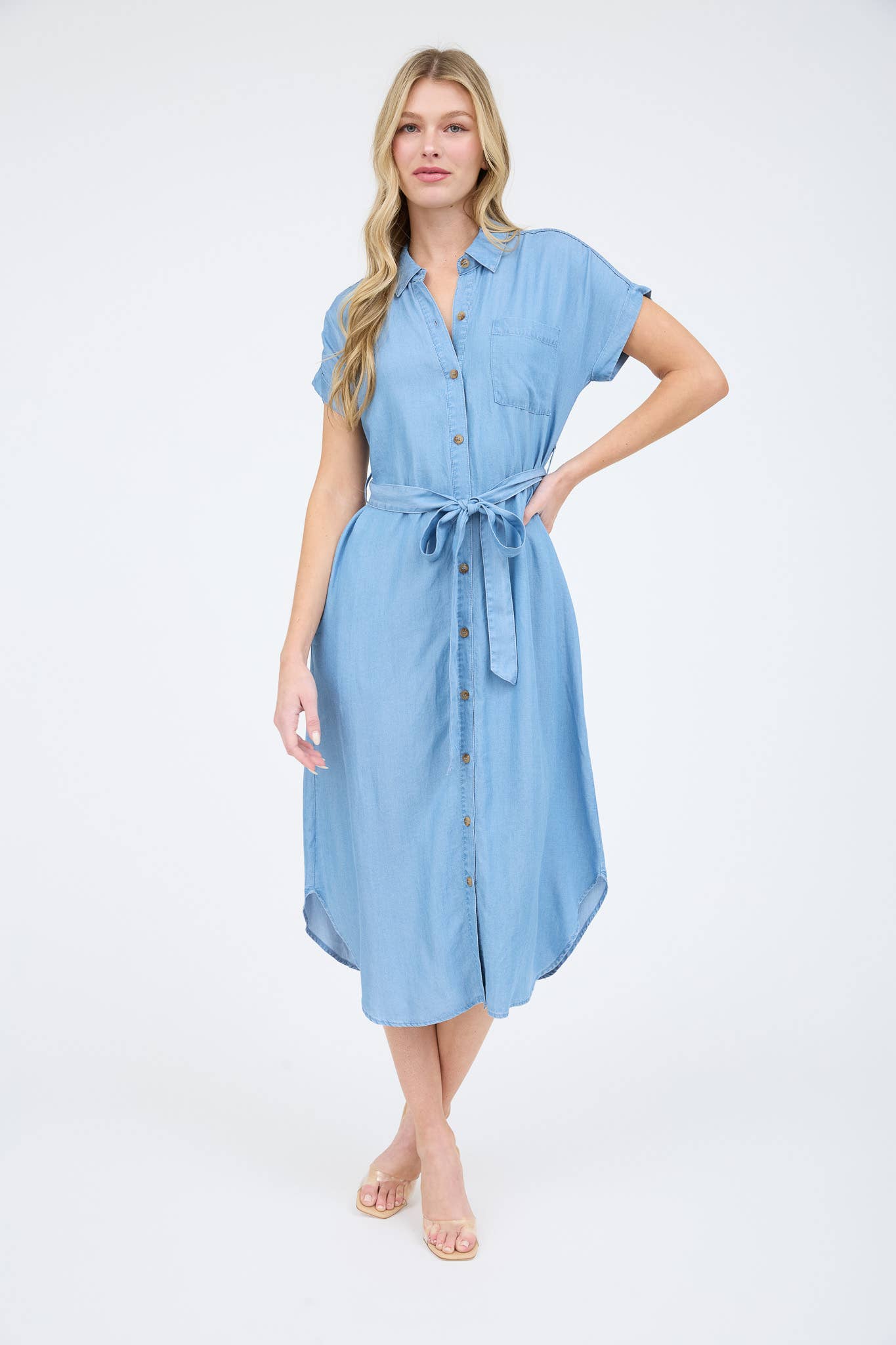 Chambray Belted Button Down Midi Shirt Dress