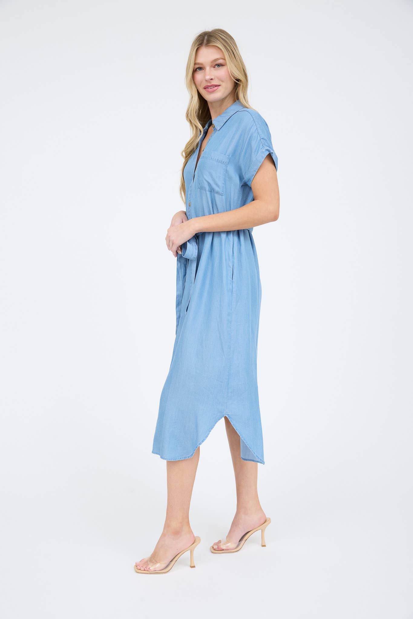 Chambray Belted Button Down Midi Shirt Dress