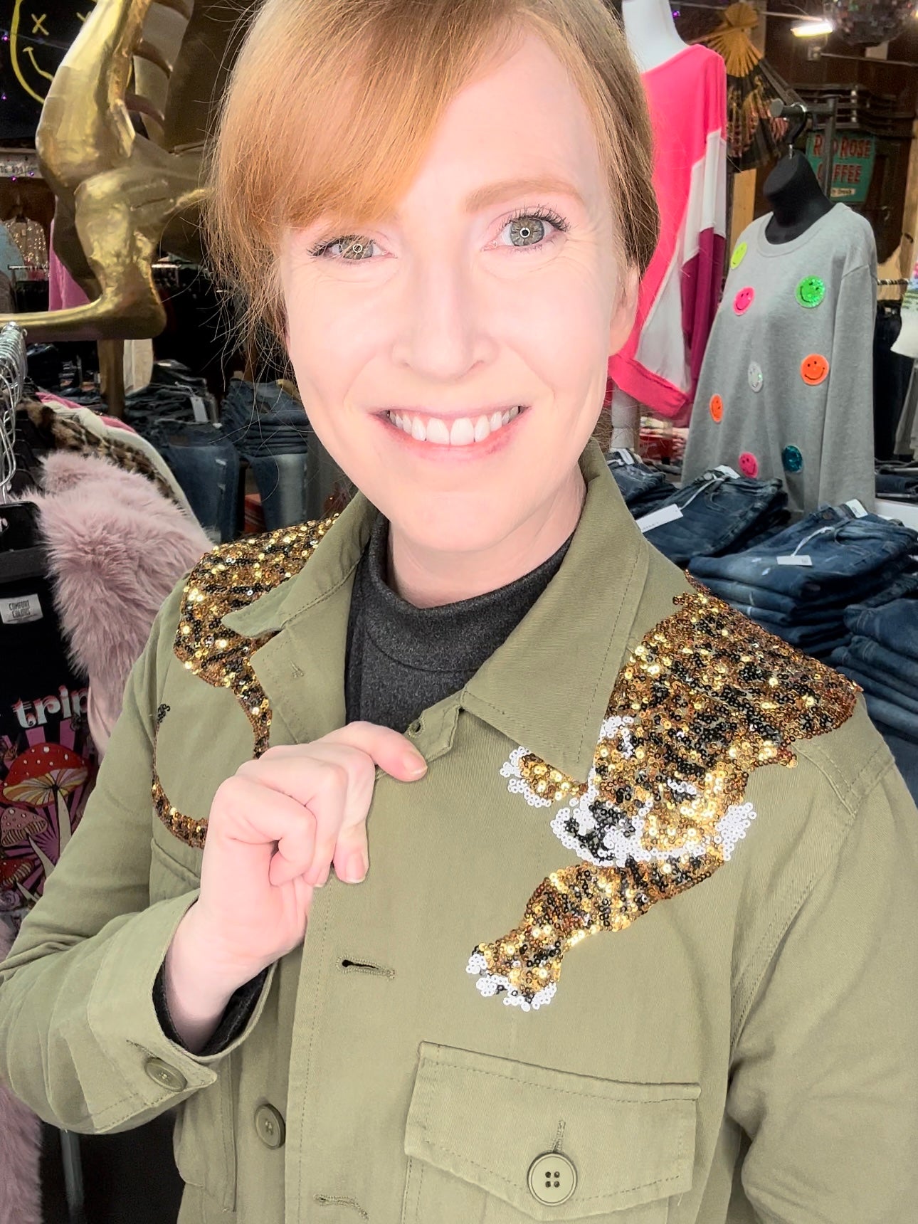 Olive Cargo Pocket Sequin Tiger Jacket