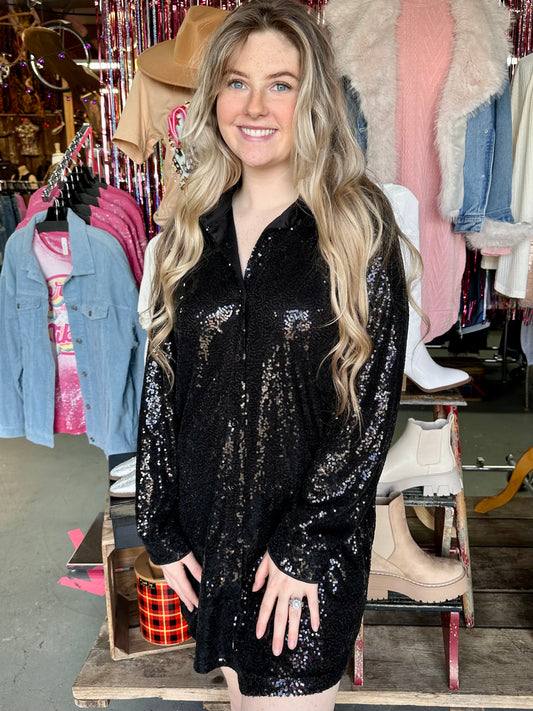 Black Sequin Button Down Shirt Dress