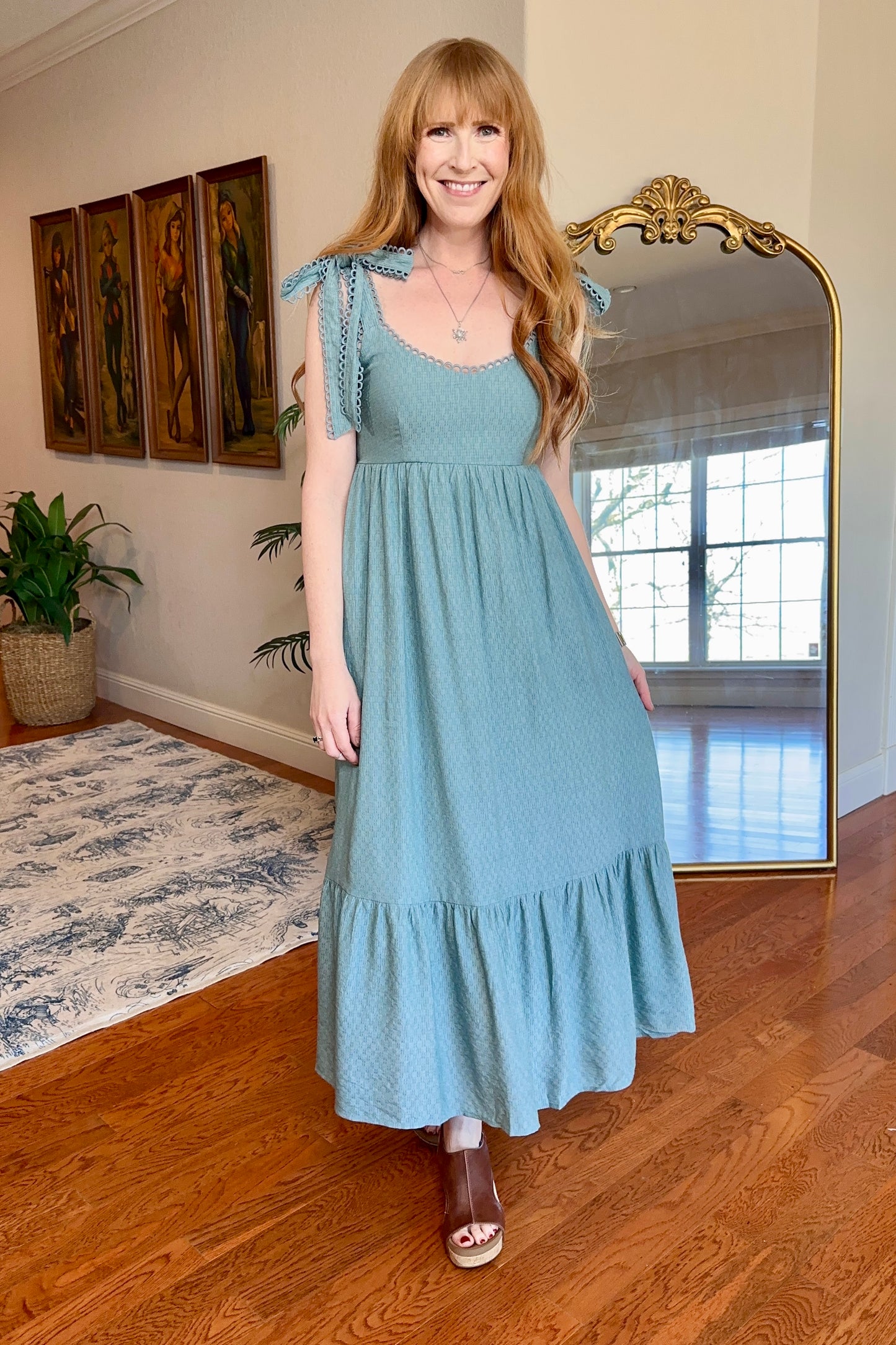 Dusty Mint Eyelet Shoulder Tie Midi Dress