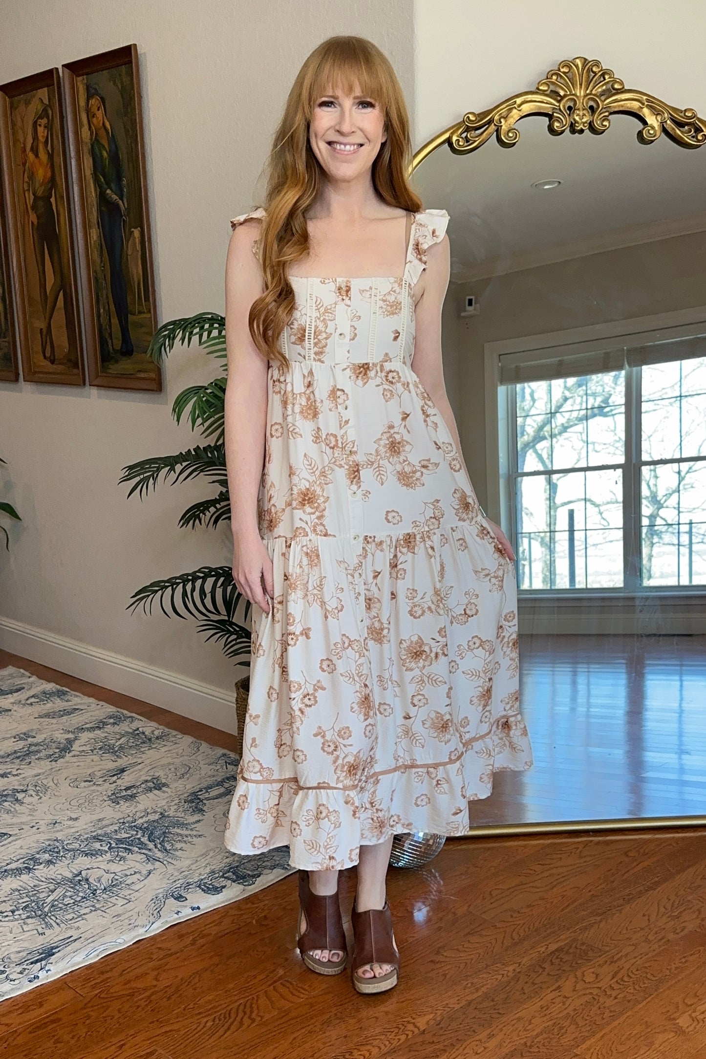 Ivory/Latte Floral Midi Dress