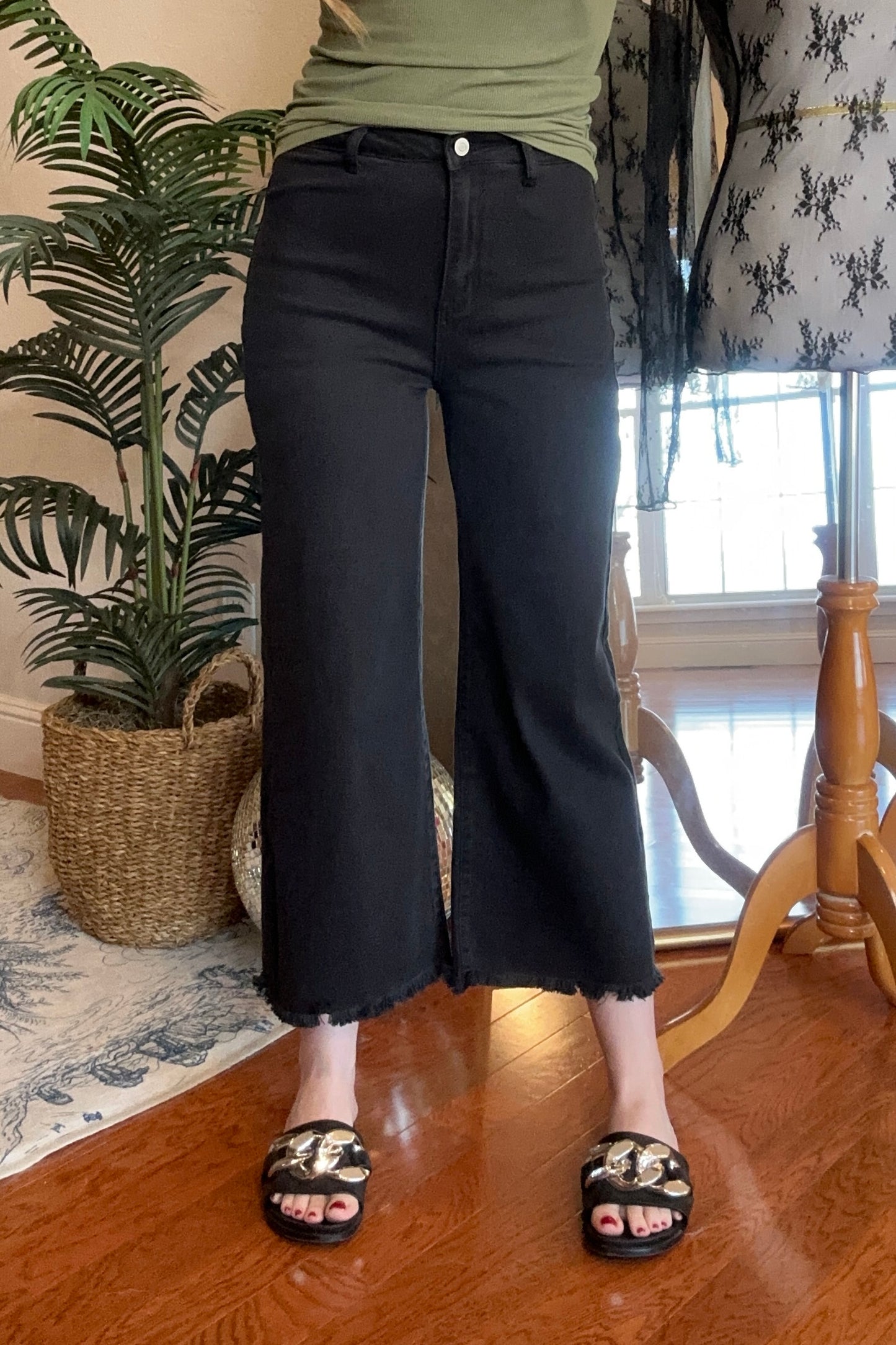 Black Acid Wash High Waist Frayed Straight Pants