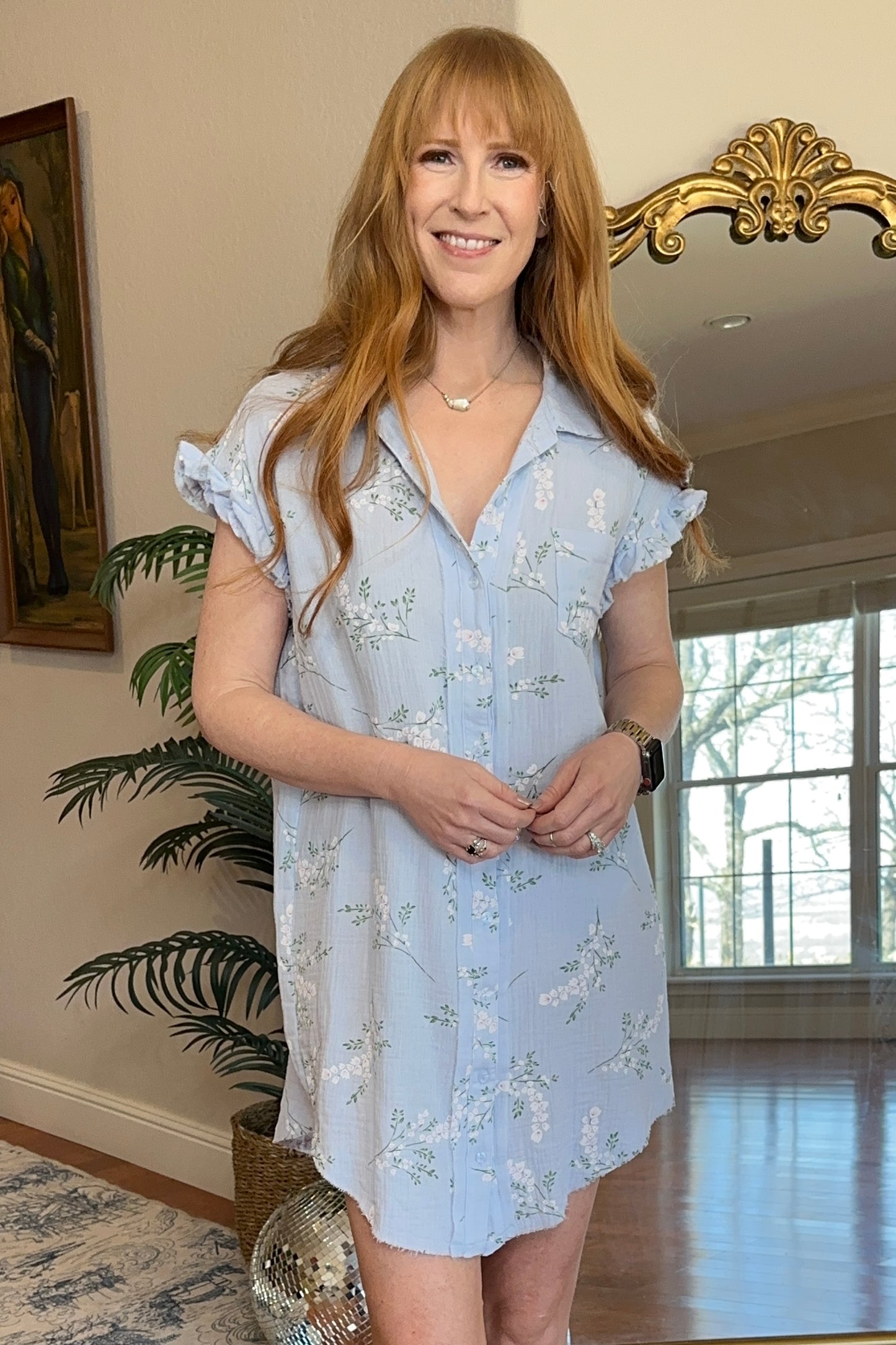 Sky Blue Floral Printed Gauze Shirt Dress