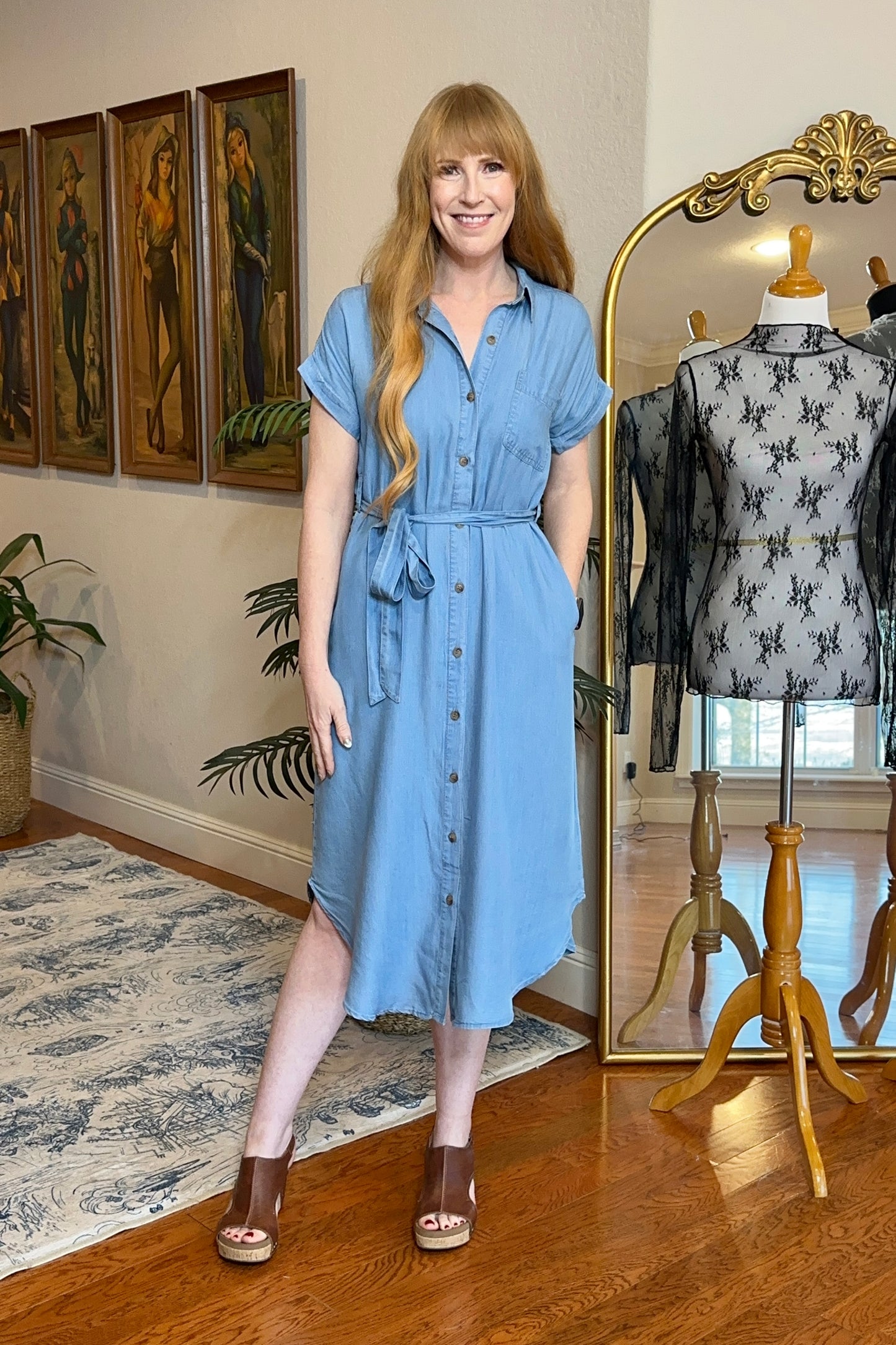 Chambray Belted Button Down Midi Shirt Dress