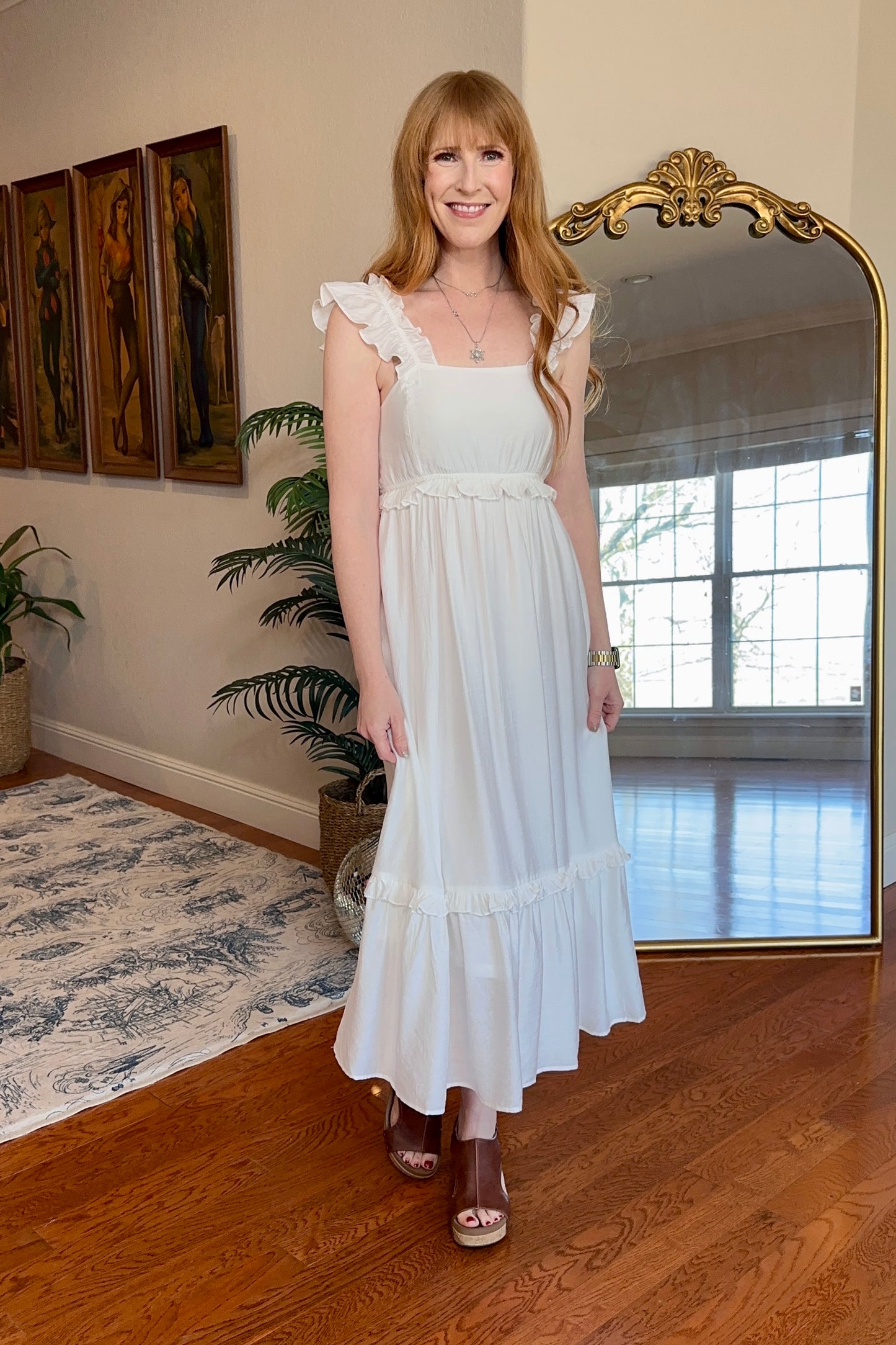 White Ruffle Strap Smocked Midi Dress