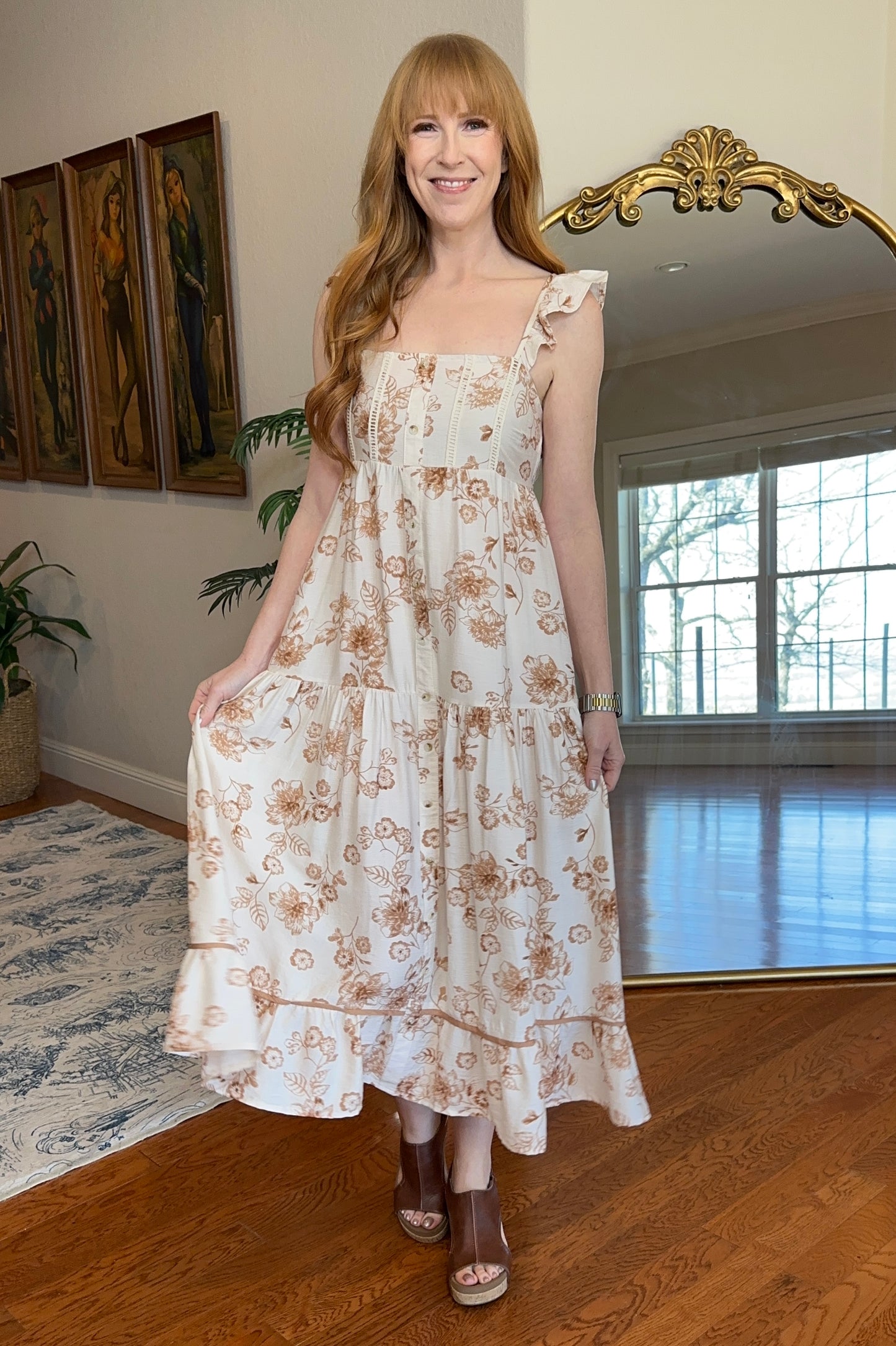 Ivory/Latte Floral Midi Dress