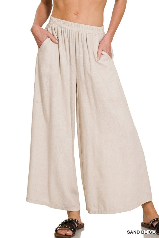 Woven Linen Blend Wide Leg Pants