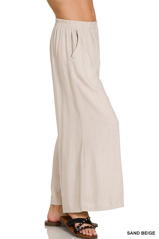 Woven Linen Blend Wide Leg Pants