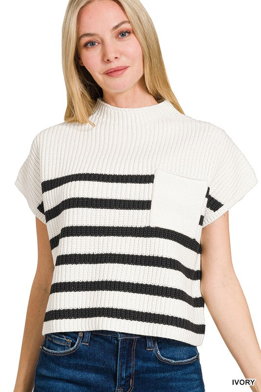 Ivory Short Sleeve Stripe Sweater Top