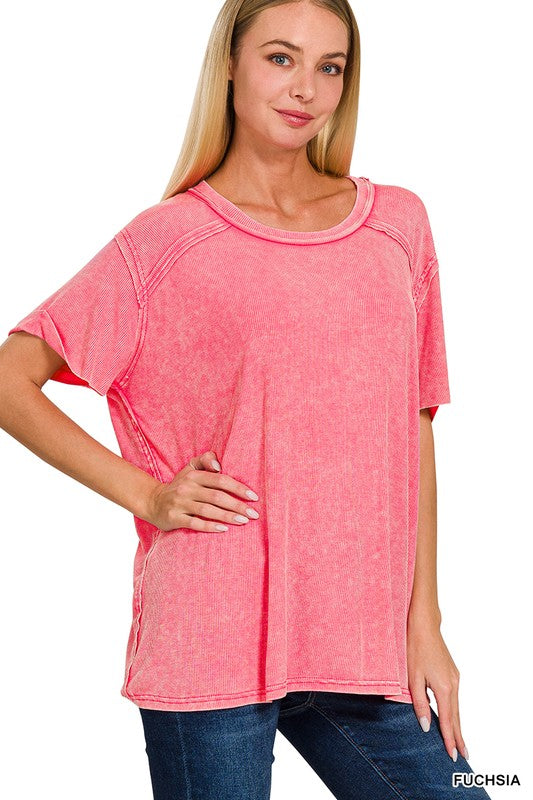 Washed Ribbed Short Sleeve Top