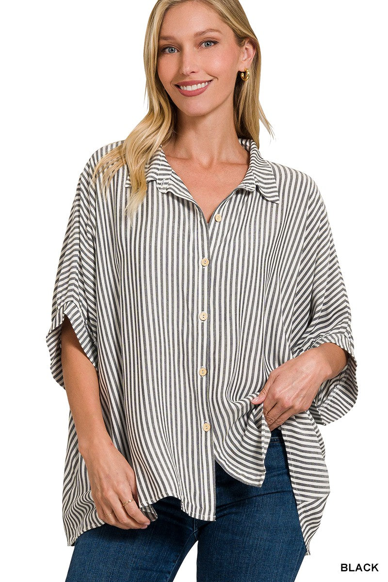 Black/White Stripe Boxy Button Up Top