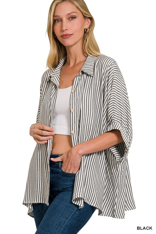 Black/White Stripe Boxy Button Up Top