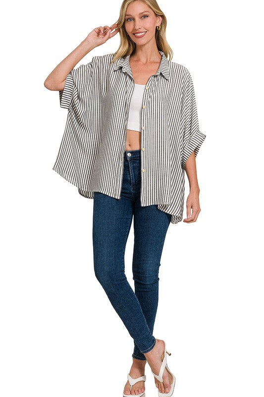 Black/White Stripe Boxy Button Up Top