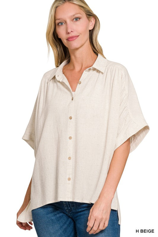 Linen Ruched Shoulder Button Down Top