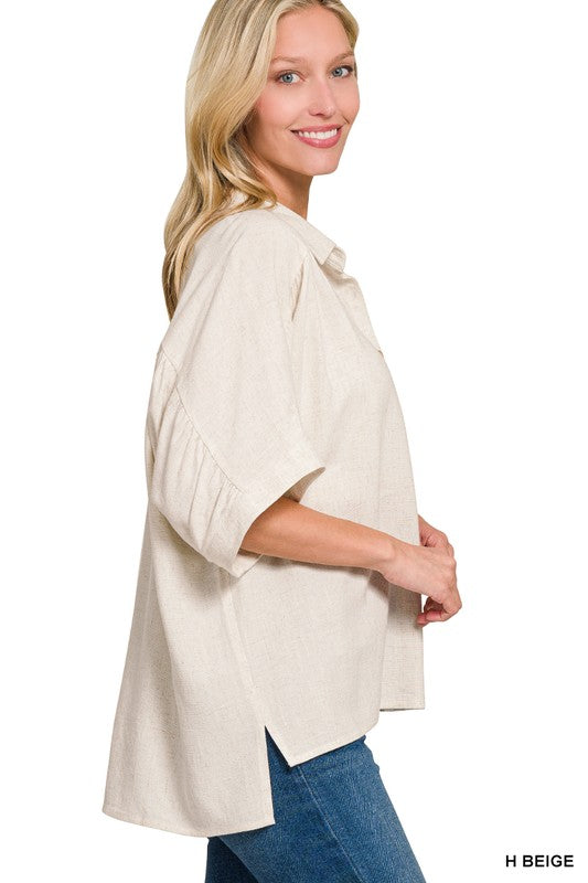 Linen Ruched Shoulder Button Down Top