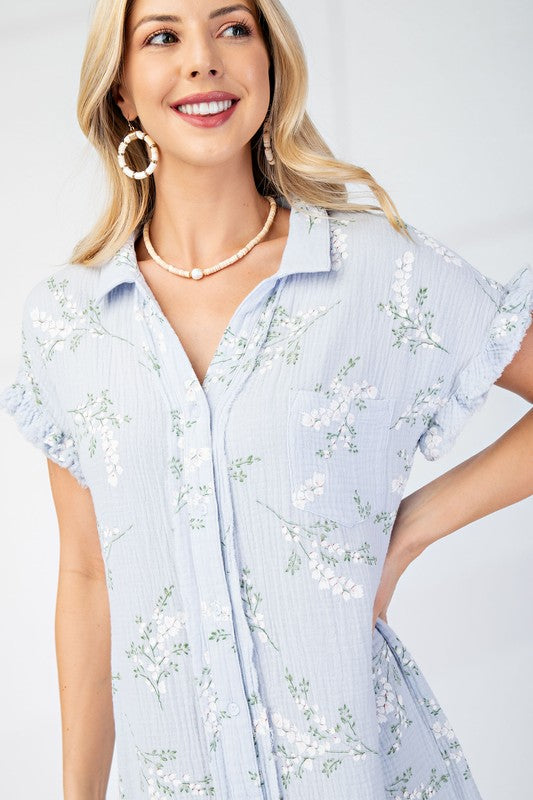 Sky Blue Floral Printed Gauze Shirt Dress