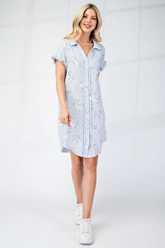 Sky Blue Floral Printed Gauze Shirt Dress