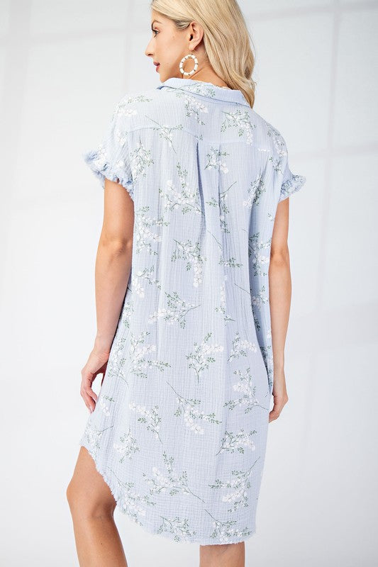 Sky Blue Floral Printed Gauze Shirt Dress