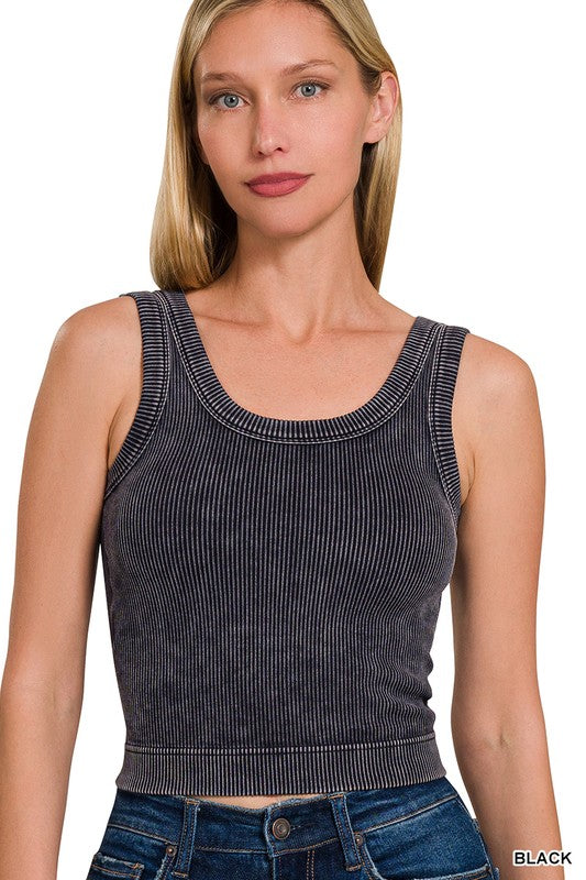 Stone Washed Ribbed Padded Crop Tank