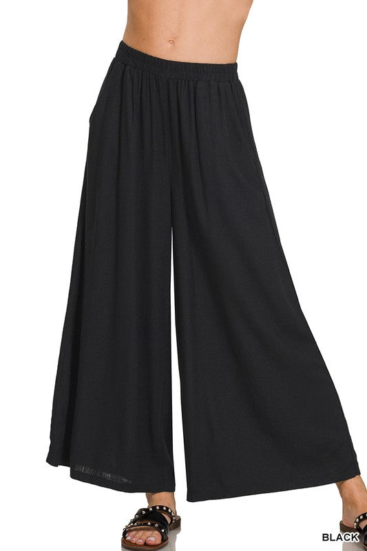 Woven Linen Blend Wide Leg Pants