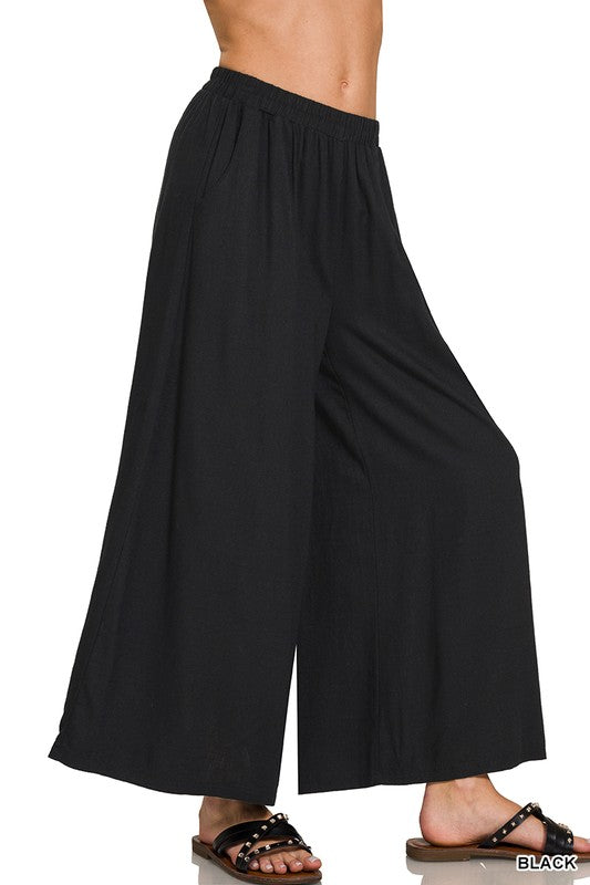 Woven Linen Blend Wide Leg Pants