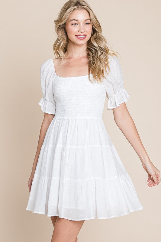 White Short Smocked Sleeve Dress