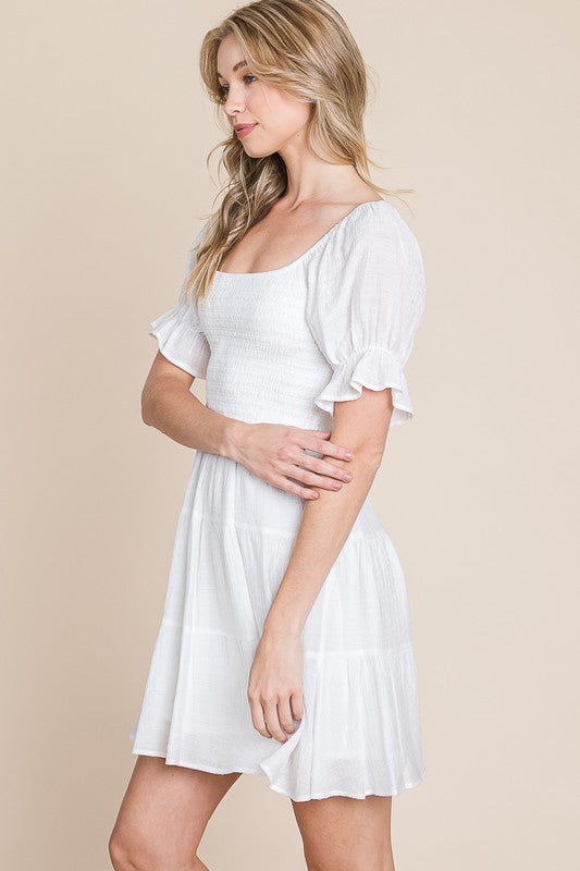 White Short Smocked Sleeve Dress