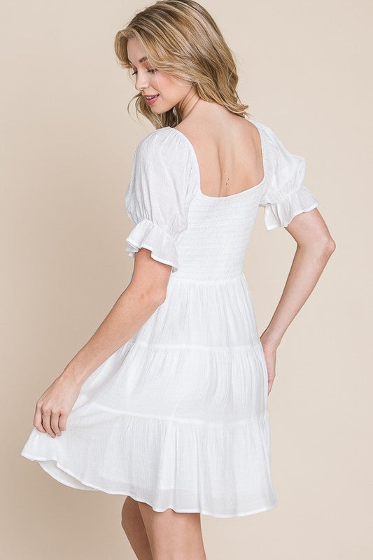 White Short Smocked Sleeve Dress