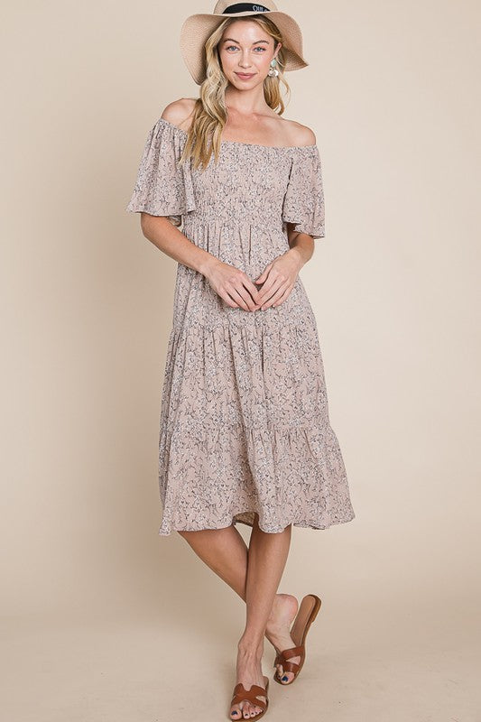 Taupe Floral Smocked Flutter Sleeve Midi Dress