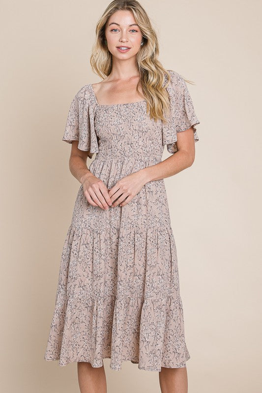 Taupe Floral Smocked Flutter Sleeve Midi Dress