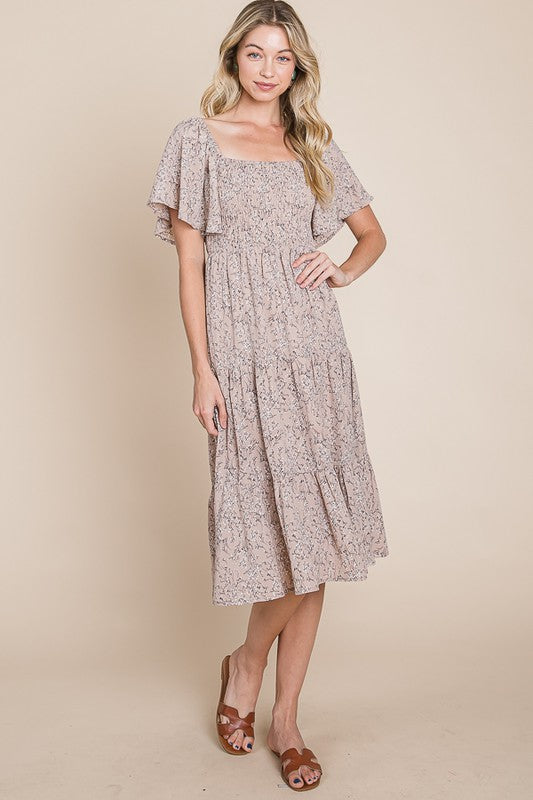 Taupe Floral Smocked Flutter Sleeve Midi Dress