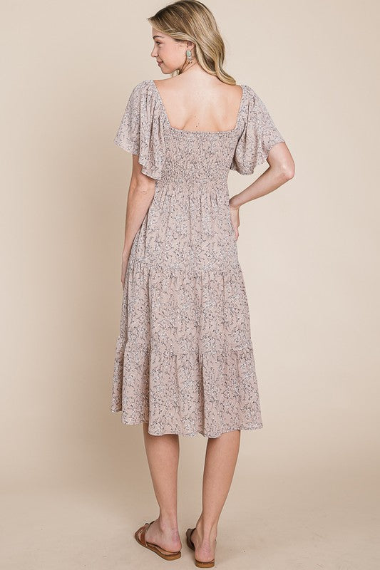 Taupe Floral Smocked Flutter Sleeve Midi Dress