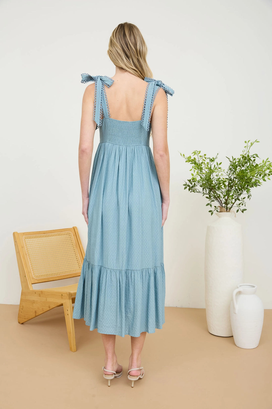 Dusty Mint Eyelet Shoulder Tie Midi Dress