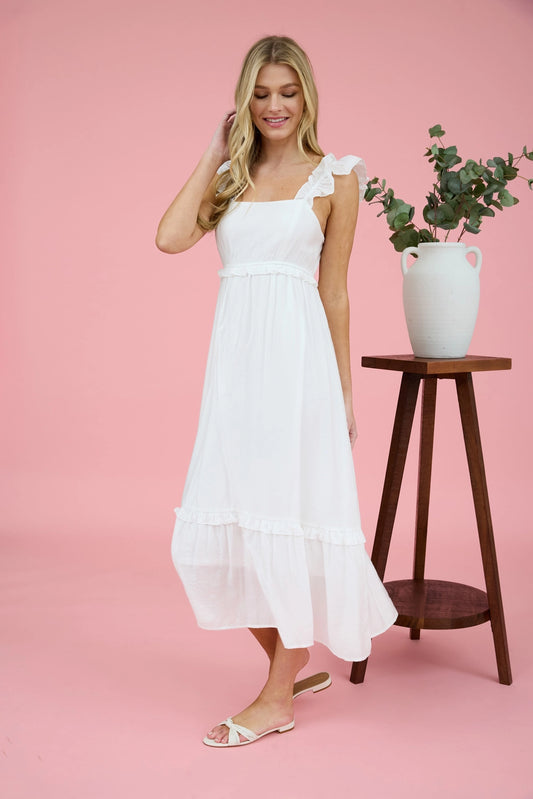 White Ruffle Strap Smocked Midi Dress