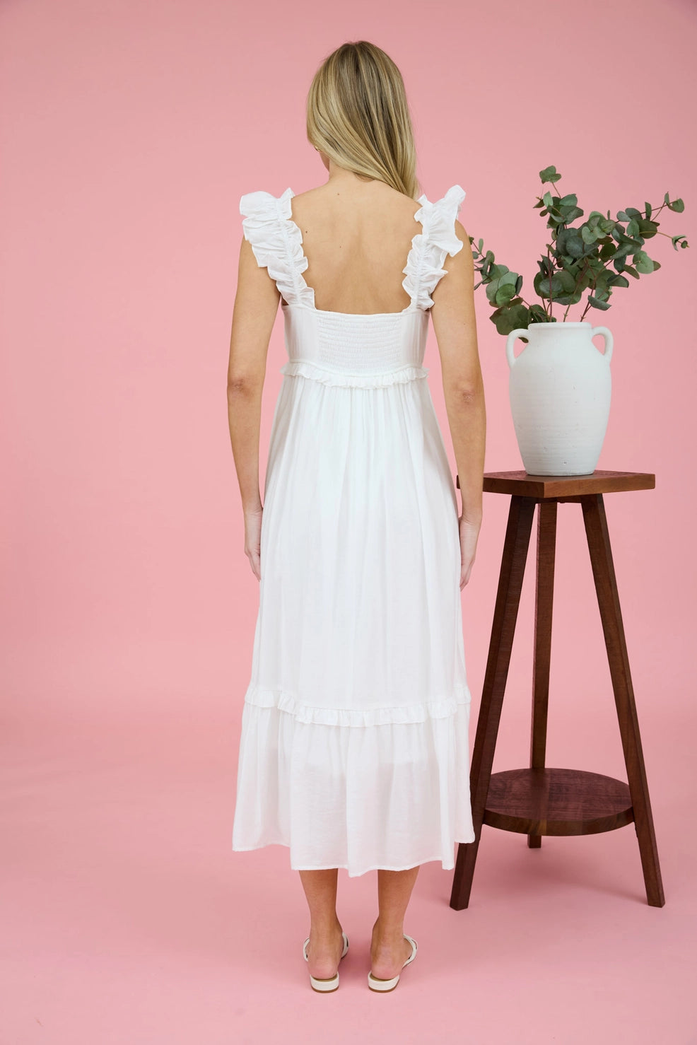 White Ruffle Strap Smocked Midi Dress