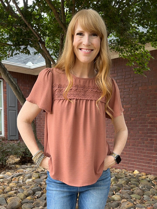 Dusty Sienna Lace Trim Top