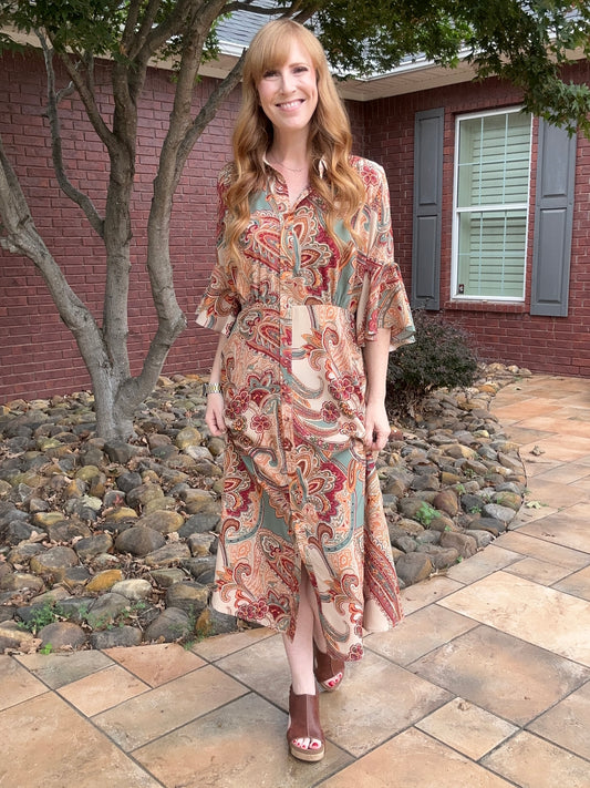 Brown Paisley Mixed Print Midi Dress