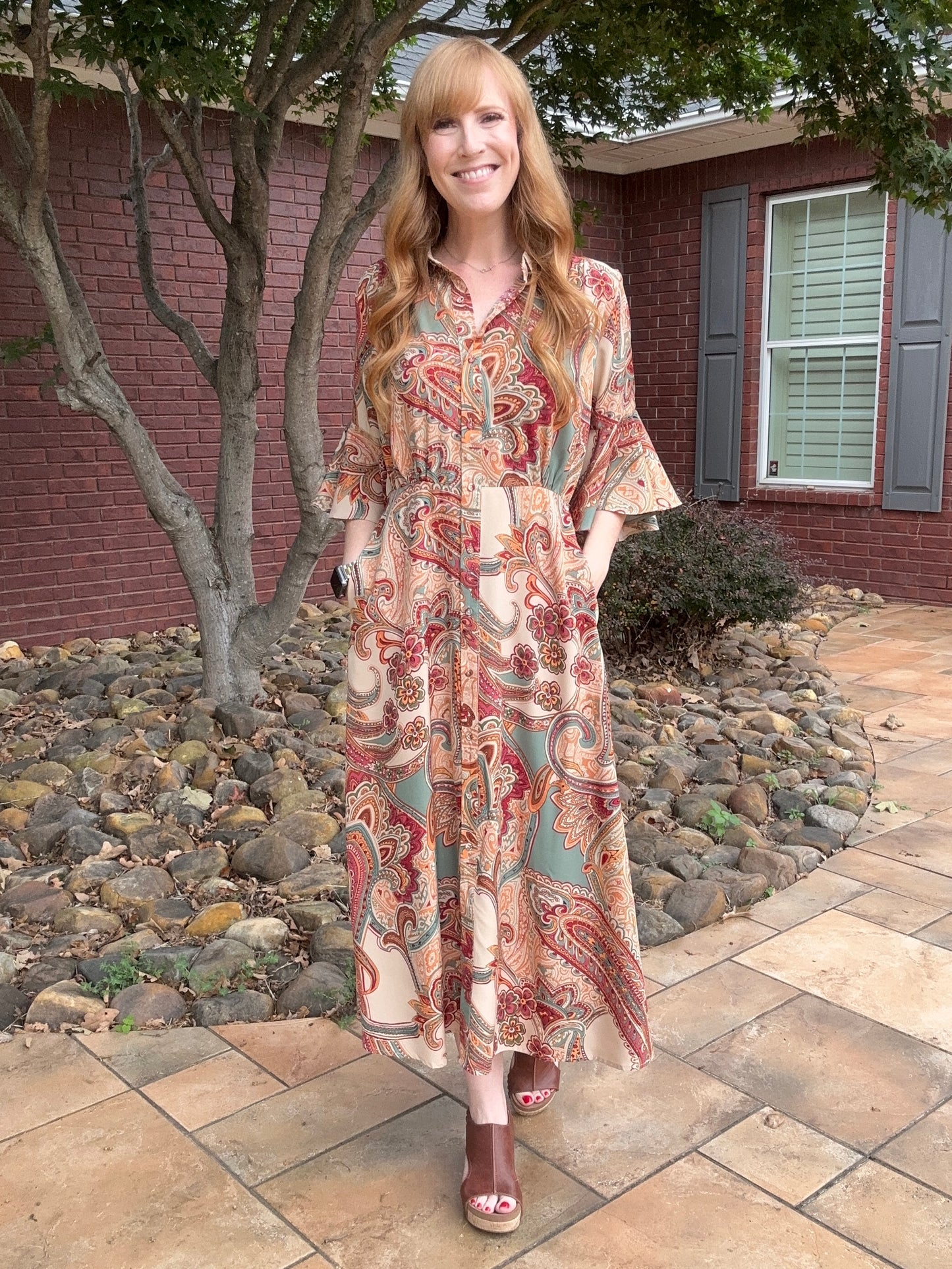 Brown Paisley Mixed Print Midi Dress