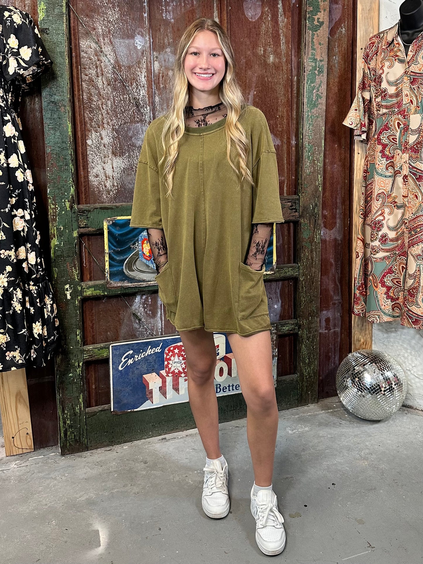 Dark Olive Wash V-Back Romper