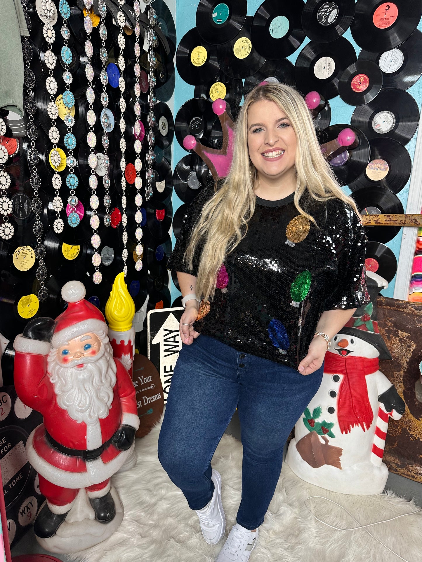 Black Christmas Lights Sequin Top