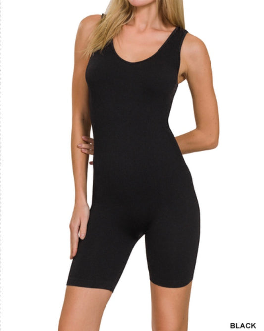 Black Ribbed Shorts Bodysuit Romper