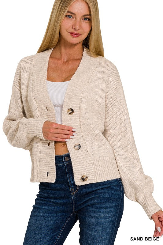 Sand Beige Melange Front Button Cardigan