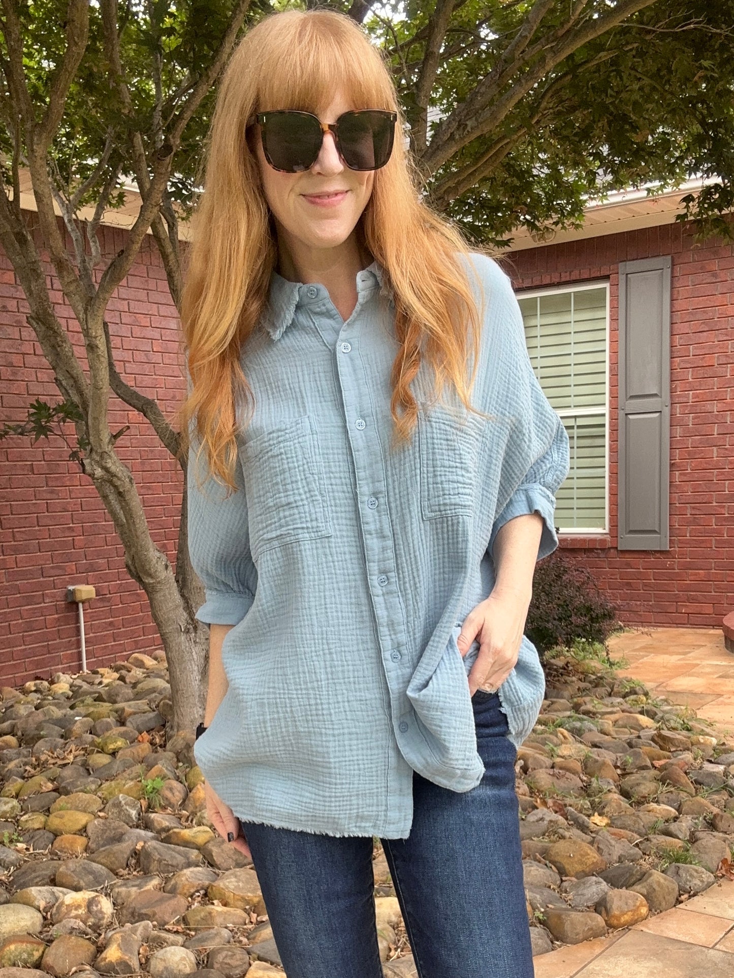 Sky Blue Wash Gauze Button Down