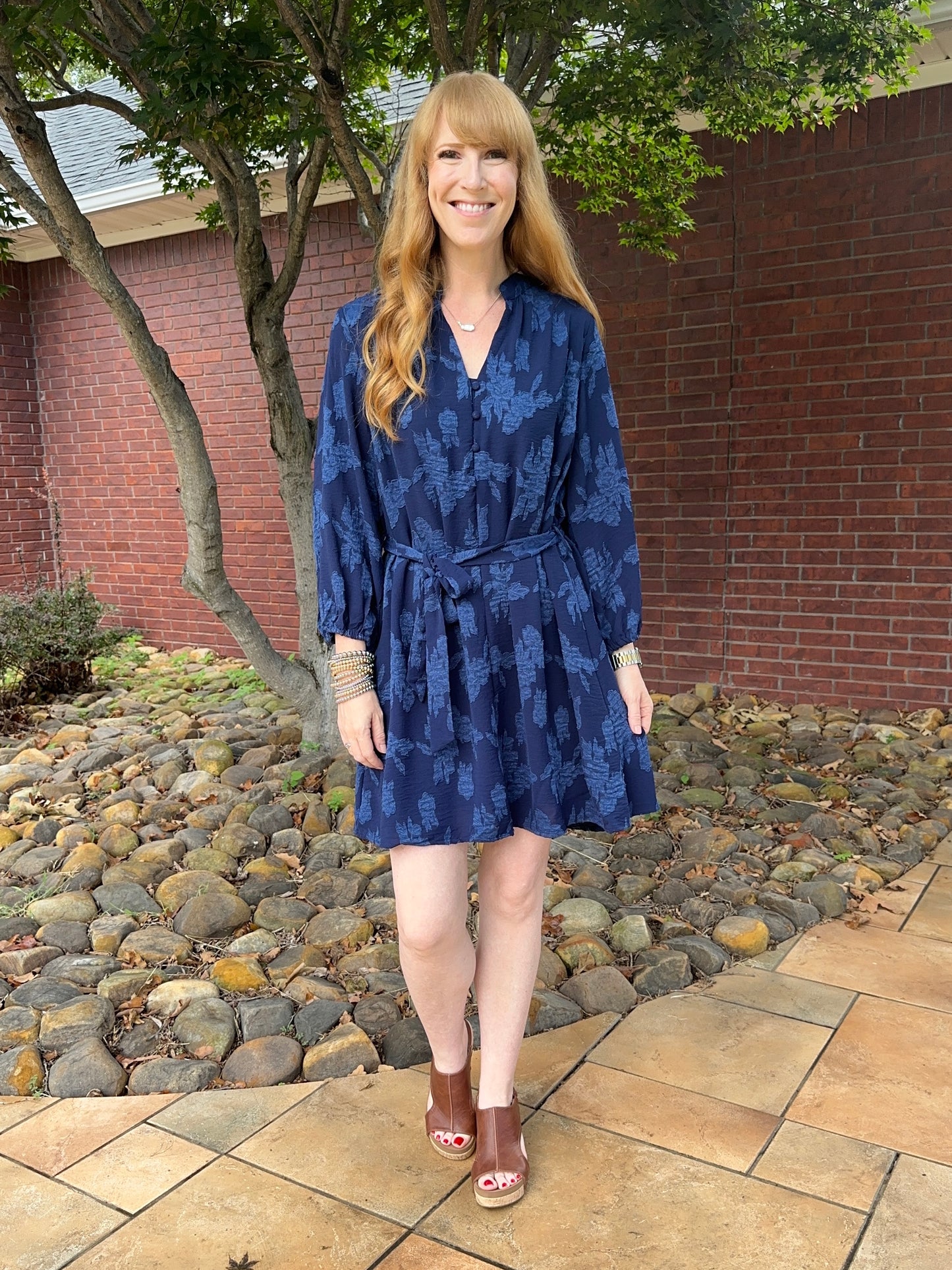 Navy Floral Textured Dress